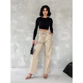 Kendinden İnce Kemerli Deri Pantolon Bej T1178 (Beden: Xl)