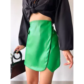 Cep Detaylı Oval Kapaklı Deri Etek Yeşil H240048 (Beden: S)