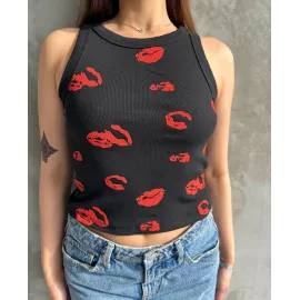 Öpücük Baskılı Bluz Siyah (Beden: Standart)