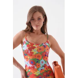 Kadın İnce Askılı Desenli Elbise S8105 Turuncu (Beden: S)