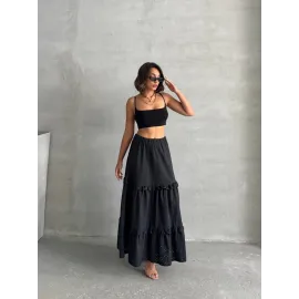 Fırfırlı Brodeli Astarlı Uzun Etek Siyah S255047 (Beden: S)