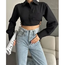 Yanı Kemer Detaylı Crop Gömlek Siyah S4009 (Beden: 38)