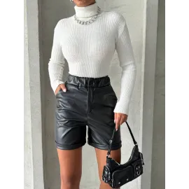 Beli Lastikli Duble Paça Deri Şort Siyah W24755 (Beden: M)