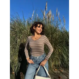 V Yaka Çizgili Bluz Bej A3699 (Beden: M)