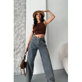 Baggy Kar Yıkama Eskitme Kahve Jeans Pantolon D2007 (Beden: 42)