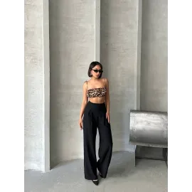 Pileli Keten Pantolon S255046 Siyah (Beden: S)