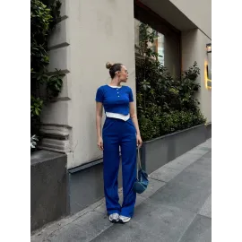 Düğme Yakalı Saks Alt Üst Takım S3943 (Beden: S)