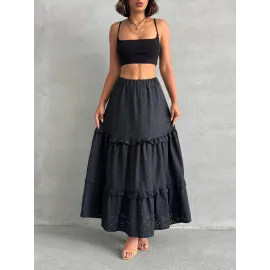 Fırfırlı Brodeli Astarlı Uzun Etek Siyah S255047 (Beden: S)