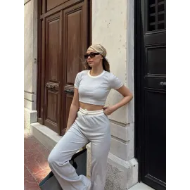 Crop Pantolon Biyeli Takım Gri (Beden: M)