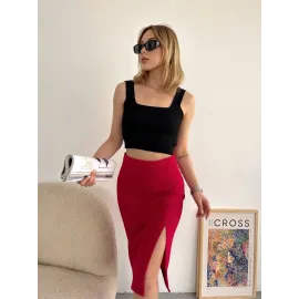 Yırtmaçlı Esnek Kumaş Midi Boy Etek Koyu Kırmızı (Beden: S)