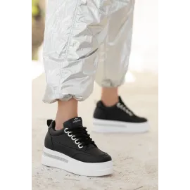 Lulu Siyah Cilt Beyaz Tabanlı Bağcıklı Spor Ayakkabı (Numara: 37)