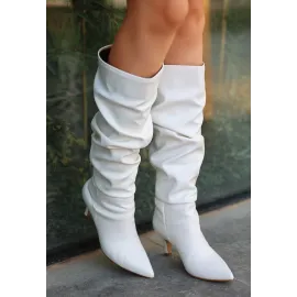 Zelya Beyaz Cilt Topuklu Çizme (Numara: 38)