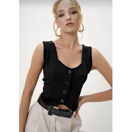 Krep Kumaş Düğmeli Yelek Siyah S3395 (Beden: Xl)