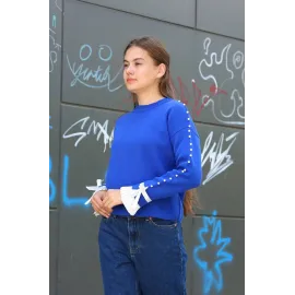 Boncuklu Bile Detaylı Kazak Saks Mavisi (Beden: Standart)