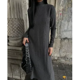 Boğazlı Kalın Bürümcük Uzun Elbise Siyah (Beden: M)