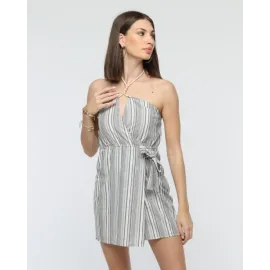 Kuşaklı Çizgili Mini Keten Elbise Gri (Beden: S)
