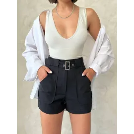 Kemer Detaylı Gabardin Şort Siyah S25289 (Beden: Xl)