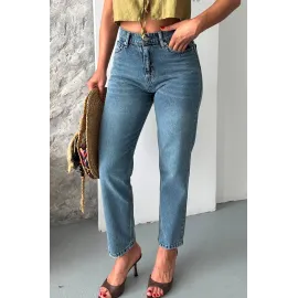 Mom Fit Kar Yıkama Bıyık Detaylı Jeans Pantolon D2006 Mavi (Beden: 34)