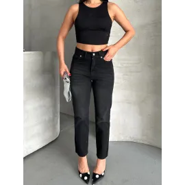 Mom Fit Enzim Bıyıklı Taş Yıkama Jeans Pantolon Siyah D2006 (Beden: 34)