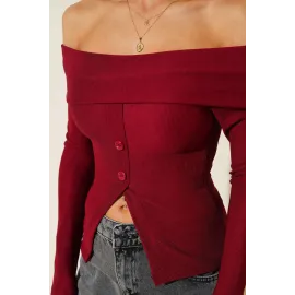 Madonna Yaka Düğmeli Bluz Bordo T4329 (Beden: L)