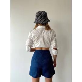 Zincir Detaylı Çizgili Şort Etek Lacivert (Beden: M)