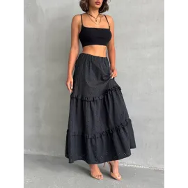 Fırfırlı Brodeli Astarlı Uzun Etek Siyah S255047 (Beden: M)