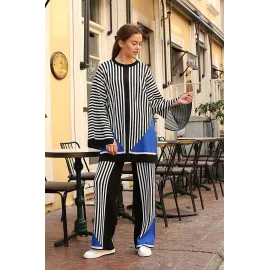 Çizgili Bisiklet Yaka Triko Takım Siyah (Beden: Standart)