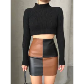 Damalı Deri Etek Siyah Kahve W24648 (Beden: S)