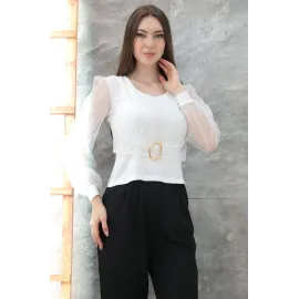Tokalı Tül Kollu Bluz Beyaz T4071 (Beden: M)