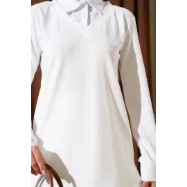 Gömlek Yaka Fitilli Salaş İkili Takım Beyaz T4300 (Beden: Xl)