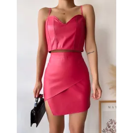 Kapaklı Asimetrik Model Deri Etek Pembe S240106 (Beden: M)