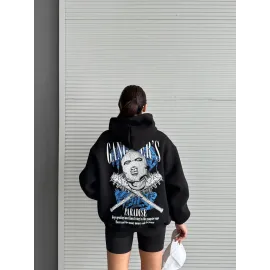 3 İplik Şardonlu Oversize Kafa Baskılı Sweat Siyah (Beden: M)