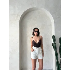 Kemer Detaylı Gabardin Şort Krem S25289 (Beden: S)