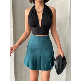 Pileli Düğmeli Etek Yeşil S24811 (Beden: M)