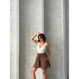 Volanlı Keten Şort Kahve S255058 (Beden: M)