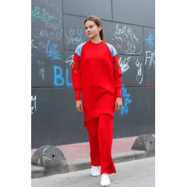Omuz Detaylı Kol Nakışlı İkili Alt Üst Triko Takım Kırmızı (Beden: Standart)