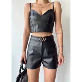 Tokalı Deri Şort Siyah S24444 (Beden: Xl)