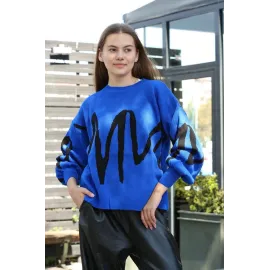 Siyah Çizgili Bisiklet Yaka Kazak Saks (Beden: Standart)