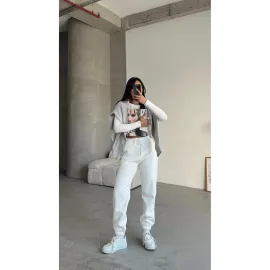 3 İplik Şardonlu Paça Lastikli Eşofman Beyaz İs001 (Beden: L)