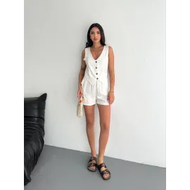 Kadın Keten Şort Yelek Takım S3461 Krem (Beden: L)