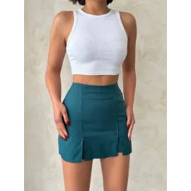 Çift Yırtmaçlı Atlas Şort Etek Petrol Yeşili S240364 (Beden: M)