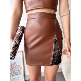 Dantelli Fermuarlı Deri Etek Kahve W24598 (Beden: S)