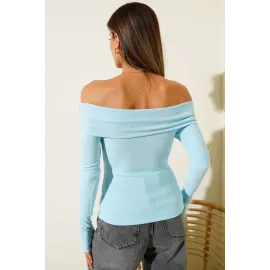 Madonna Yaka Düğmeli Bluz Mavi T4329 (Beden: L)