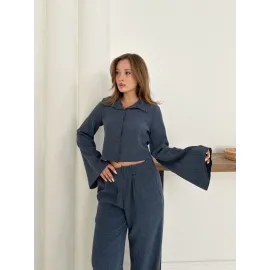 Gömlek Yaka Kaplama Düğmeli Takım Lacivert St265866 (Beden: L)