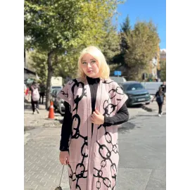 Siyah Çizgi Desenli Elbiseli Hırka Takım Pudra Siyah (Beden: Standart)