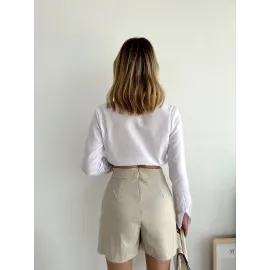 Zincir Detaylı Çizgili Şort Etek Bej (Beden: S)