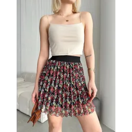 Baskılı Astarlı Mini Etek Kırmızı (Beden: S)