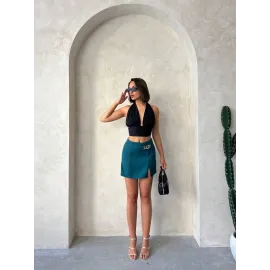 Zincirli Şort Etek Petrol Yeşili S24676 (Beden: L)