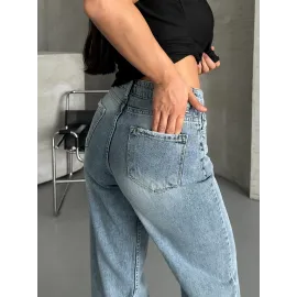 Palazzo Straight Kar Yıkama Jeans Pantolon Mavi D2008 (Beden: 36)