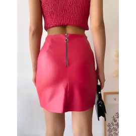 Tek Yırtmaçlı Arkadan Fermuarlı Deri Etek Fuşya S24475 (Beden: S)